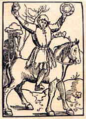 Titelbild der 1515 und 1519 herausgegebenen Bücher mit dem Titel "Ein kurtzweilig Lesen von Dyl Ulenspiegel uß dem Land zu Brunswick. Wie er sein Leben vollbracht hat. XCVI seiner Geschichten."