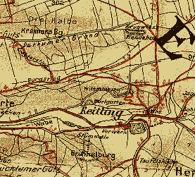 Auf dieser Karte von 1912 sind bei genauem Betrachten im Norden die Ringwlle des Wendehai, darunter die Krimmelburg, im Tal der Wurtgarten und im Sden die Wallanlagen der Brunkelburg zu finden.
