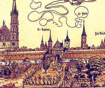 Teil der westlichen Befestigungsmauer im Jahr 1547. Ausschnitt aus einem Holzschnitt, wahrscheinlich von Peter Spitzer.