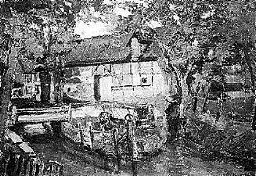lgemlde von Werner Suchatzky. Mndung der Freiflut in die Altenau hinter der Untermhle.